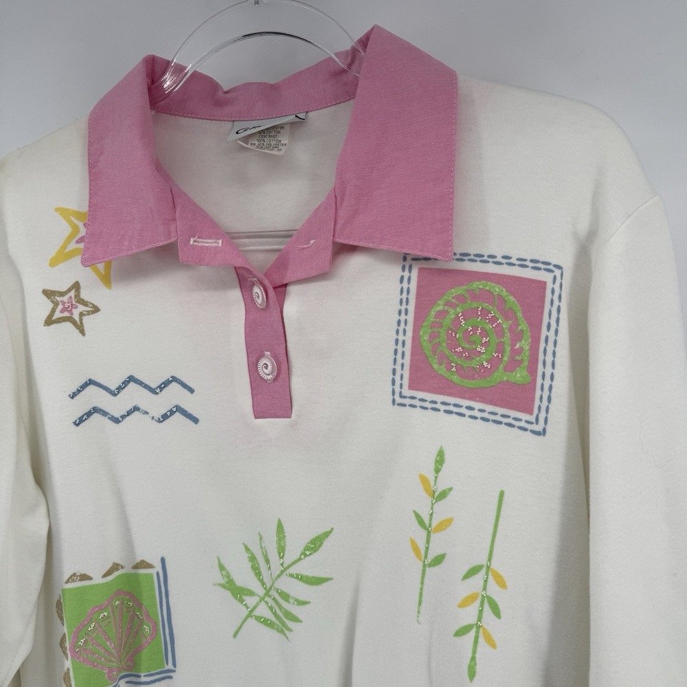 VTG 90s Beach Coastal Preppy White Pink Graff Collared Sweater Top Grandmacore - Picture 14 of 16